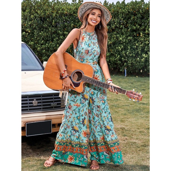 boho Floral Print Halter Neck Wide Leg Jumpsuit blue (Without Belt) - Picture 5 of 5